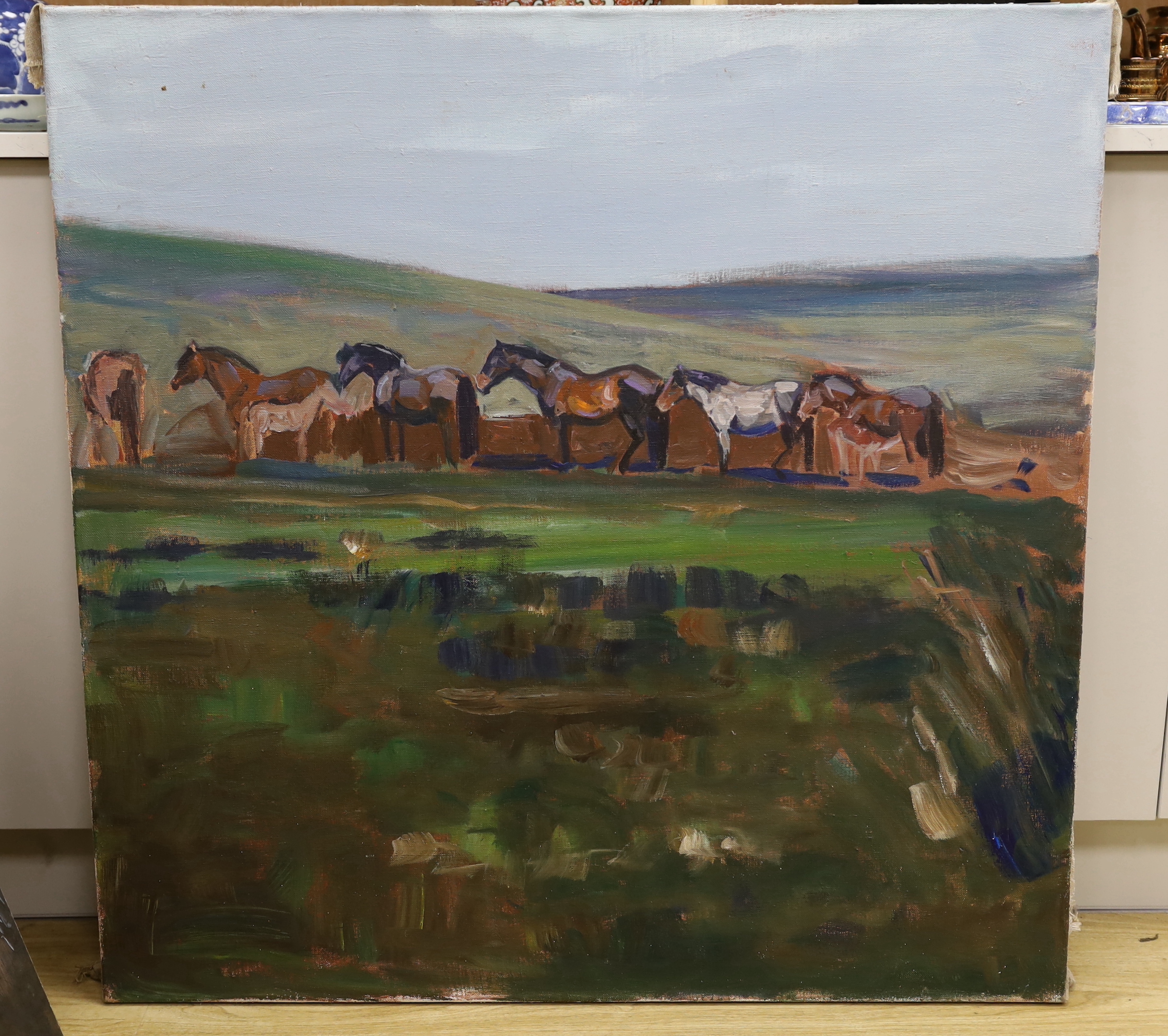 After Sir Alfred Munnings, oil on canvas, Ponies on a hillside, produced for the film 'Summer in February 2012', 100 x 101cm, unframed